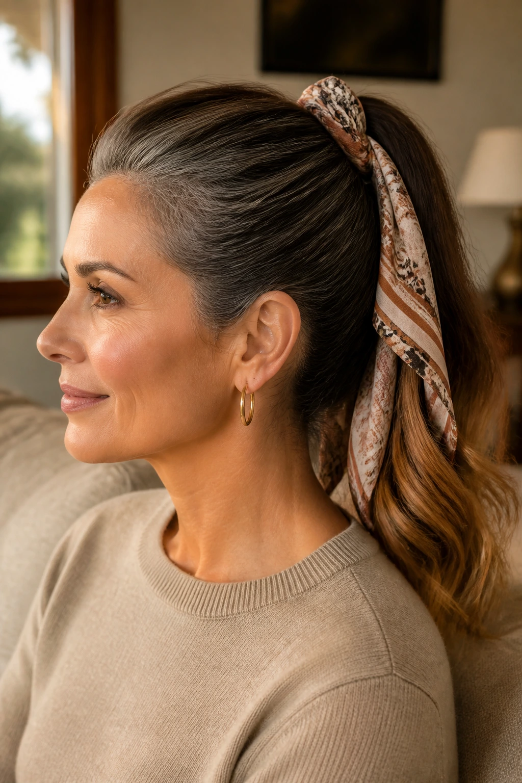 Close-up of a real woman with a scarf-wrapped ponytail and bronze ends