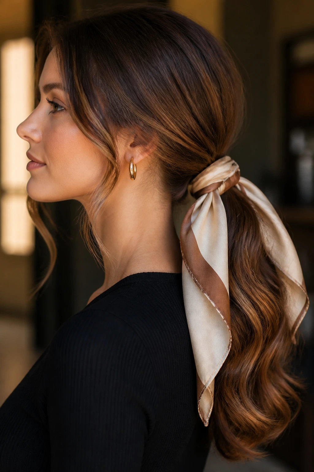 Profile view of a woman with a scarf-tied ponytail and curved ends
