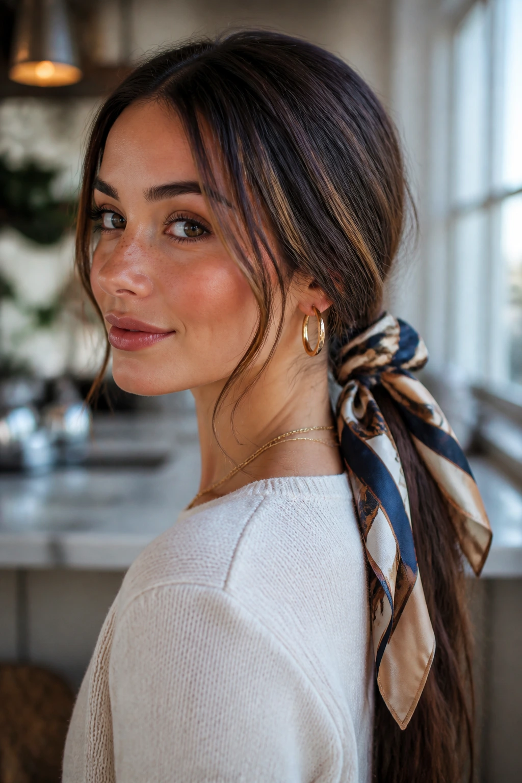 Close-up of a real woman with a scarf-woven ponytail and lowlights.
