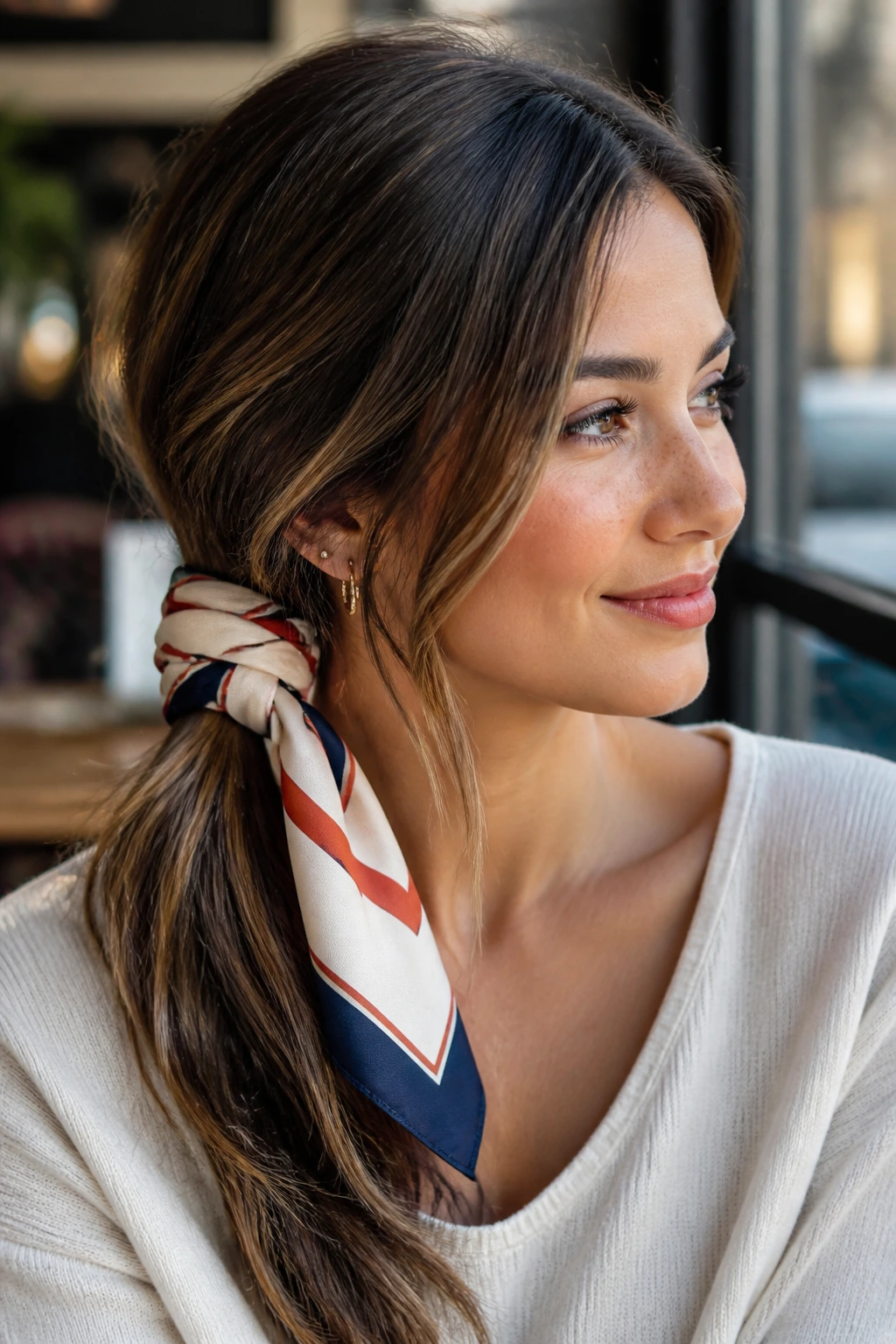 Real woman with scarf-wrapped side ponytail.