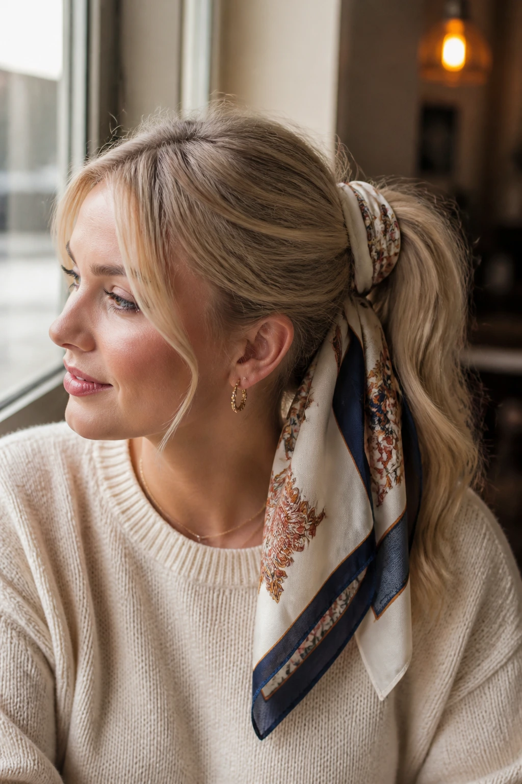 Real woman with scarf-wrapped ponytail in a cafe-like setting