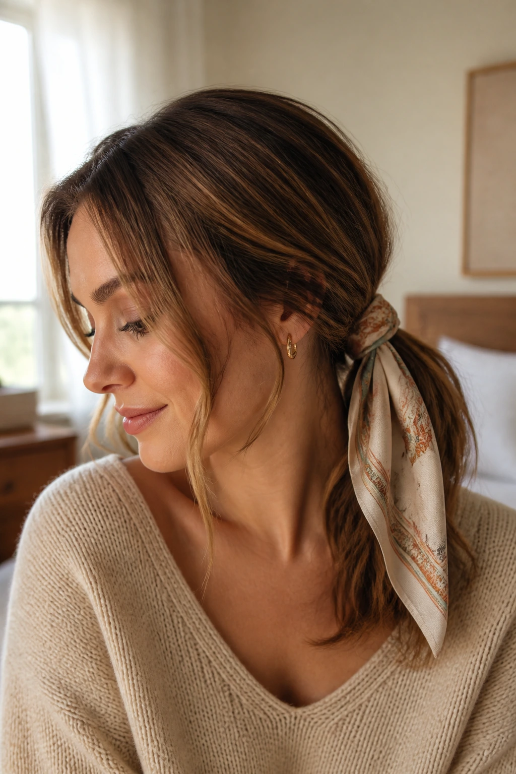 Close-up of a real woman with a scarf-tied ponytail on soft-layered medium hair, warm natural light