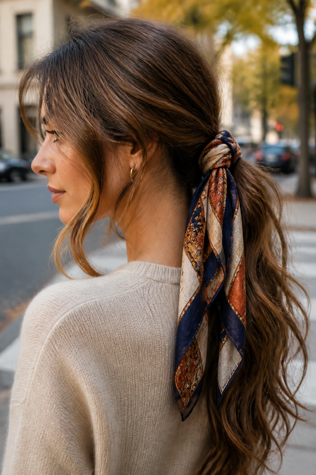 Portrait of a woman with a scarf-wrapped ponytail and beachy waves