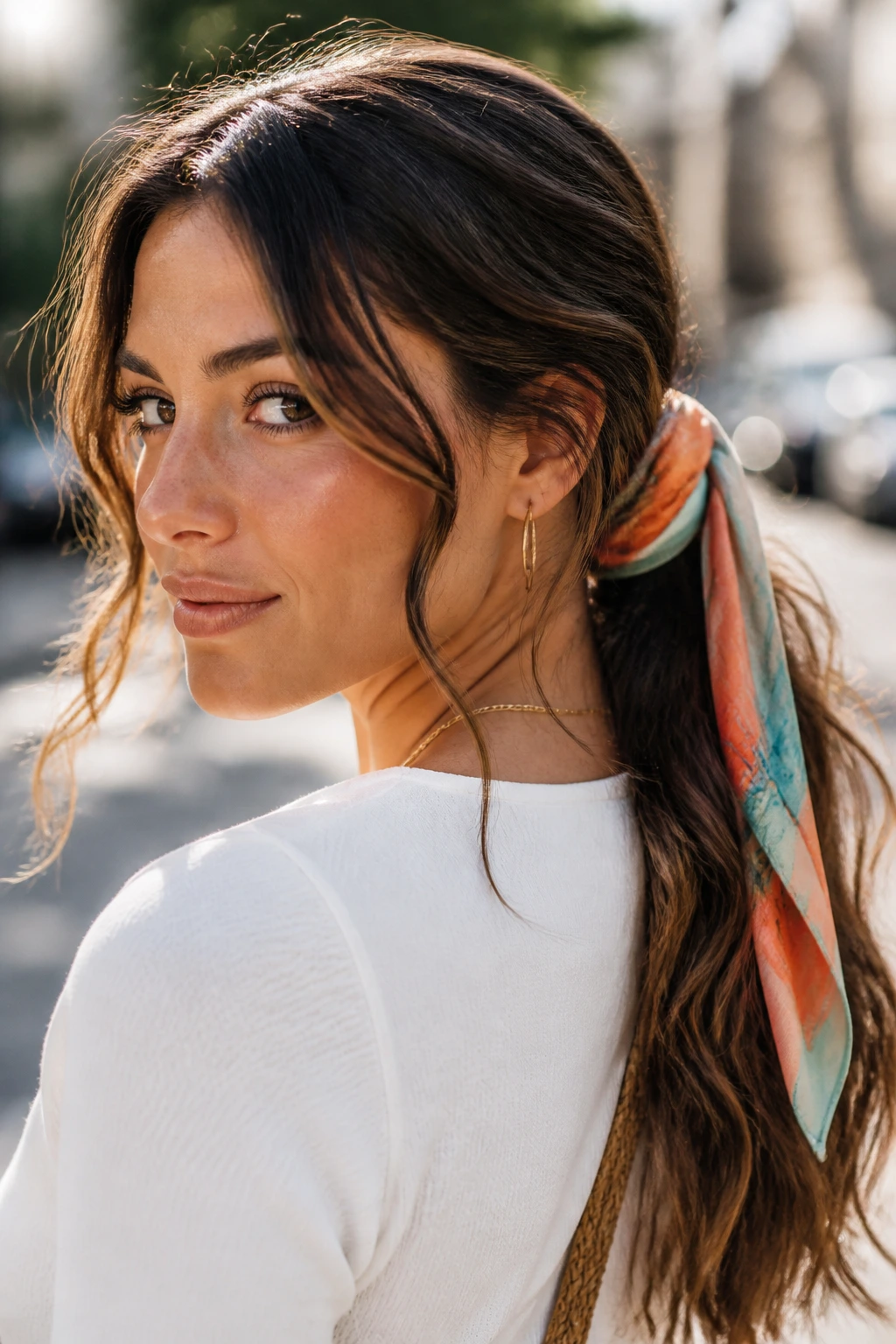 Close-up of a real woman with a scarf-tied ponytail and waves