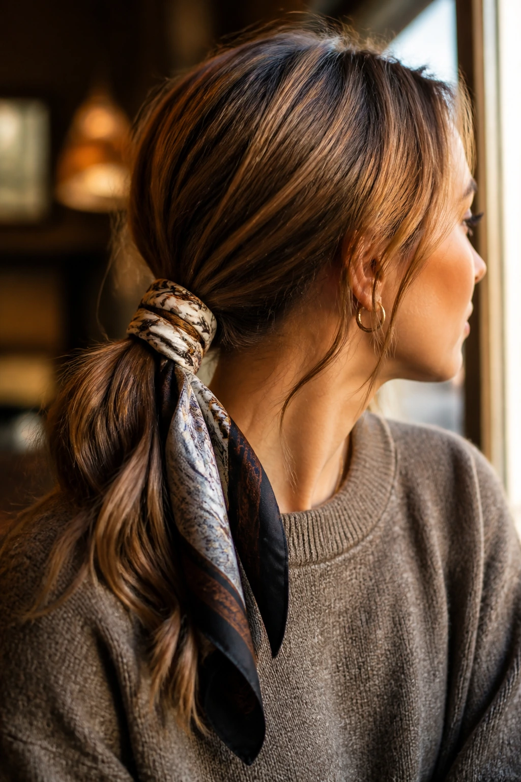 Close-up of a real woman wearing a scarf-wrapped ponytail with the scarf at the base