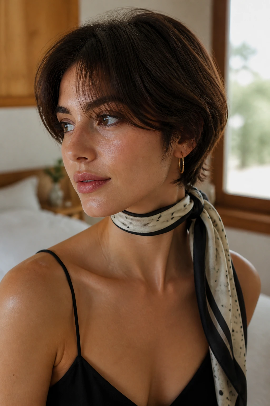 Close-up portrait of a real woman with a scarf-wrapped side tail at the nape forming a sleek line