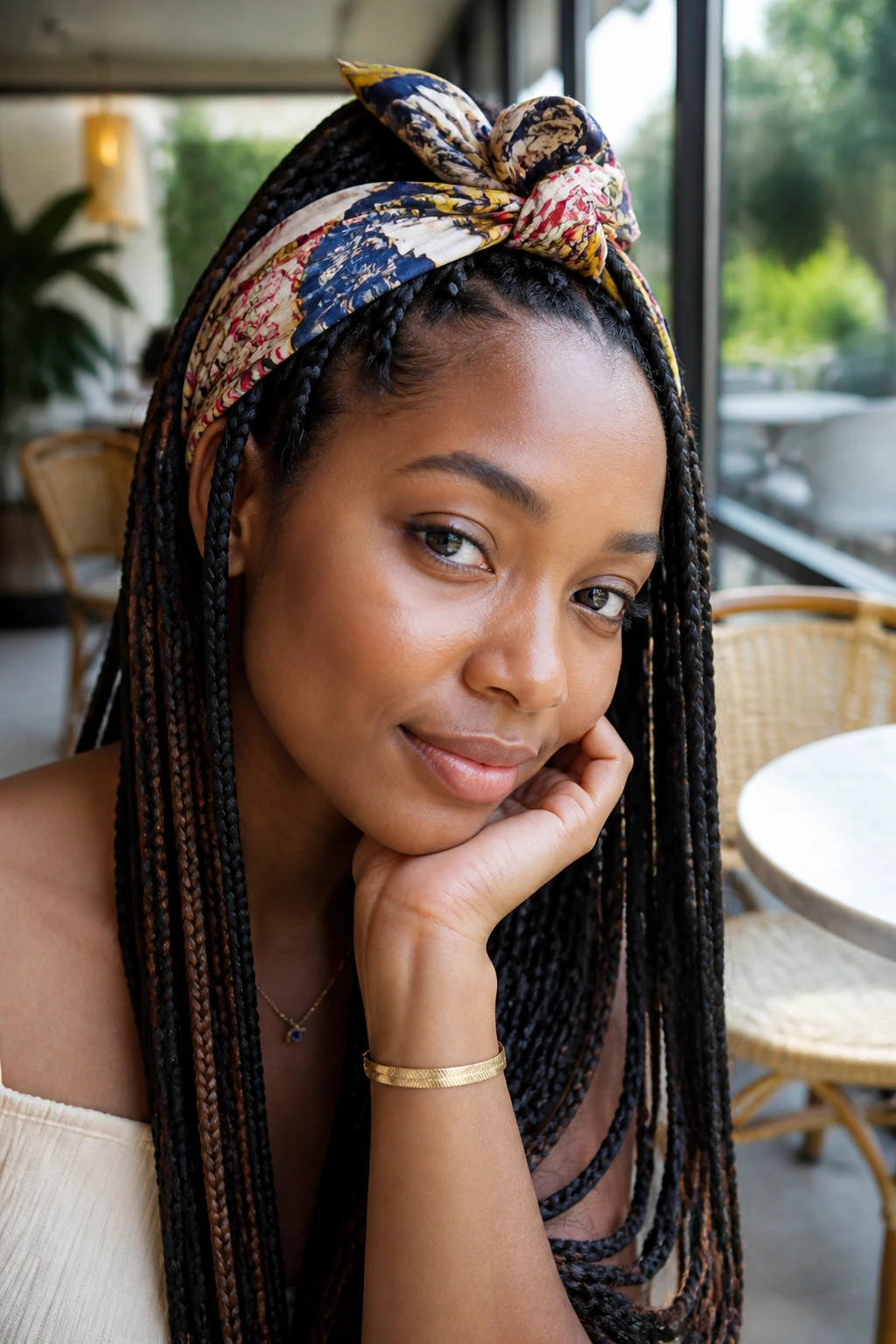 Close-up of a real person with a scarf tied at the crown on braided hair