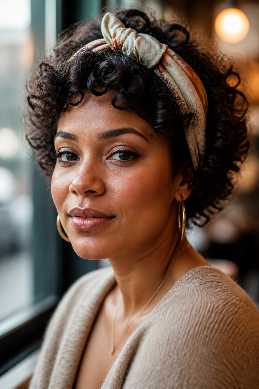 Portrait of a woman with scarf-tied retro coil-out hairstyle.