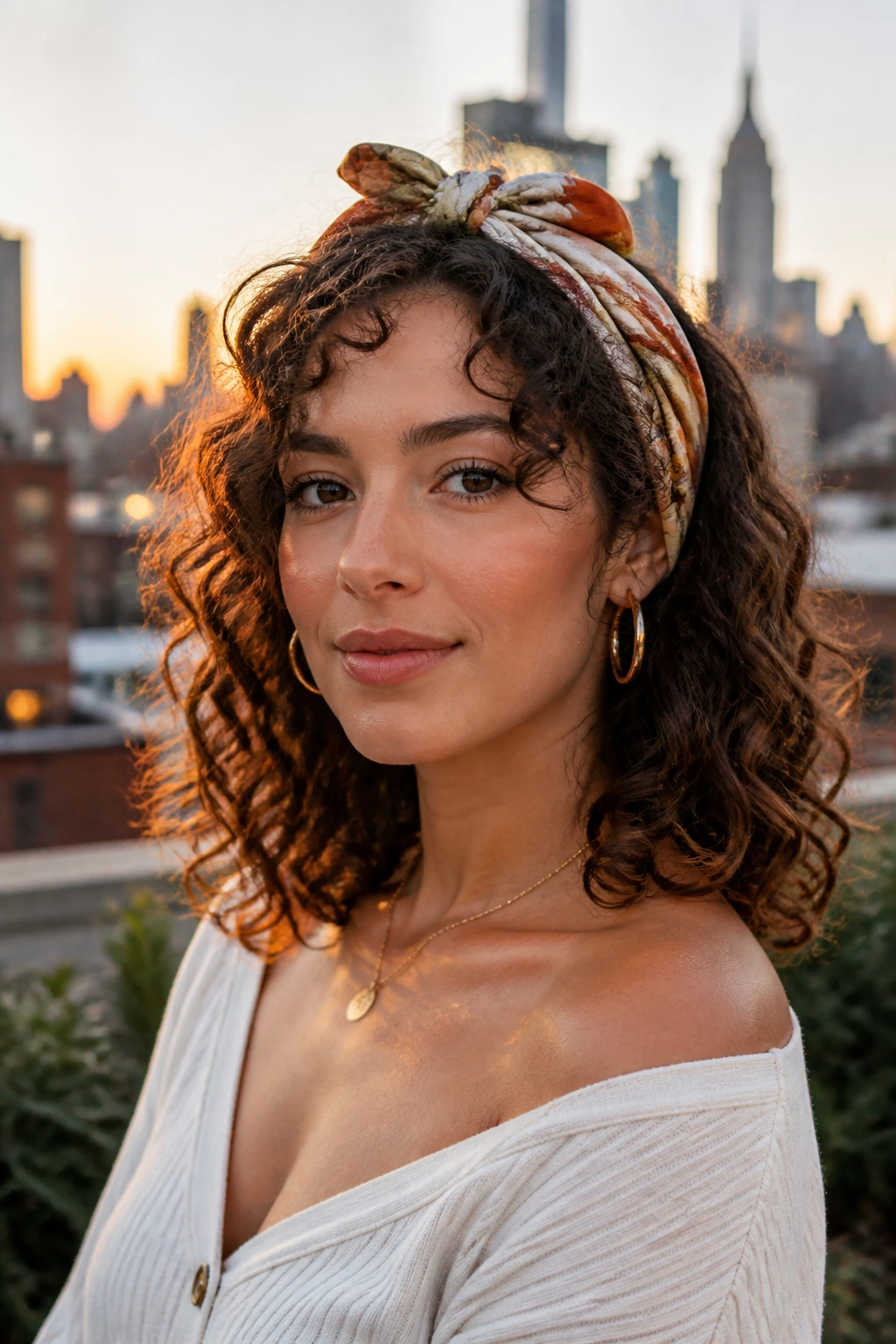 Close-up of a real woman's scarf-tied curly look with curls framed by a head scarf