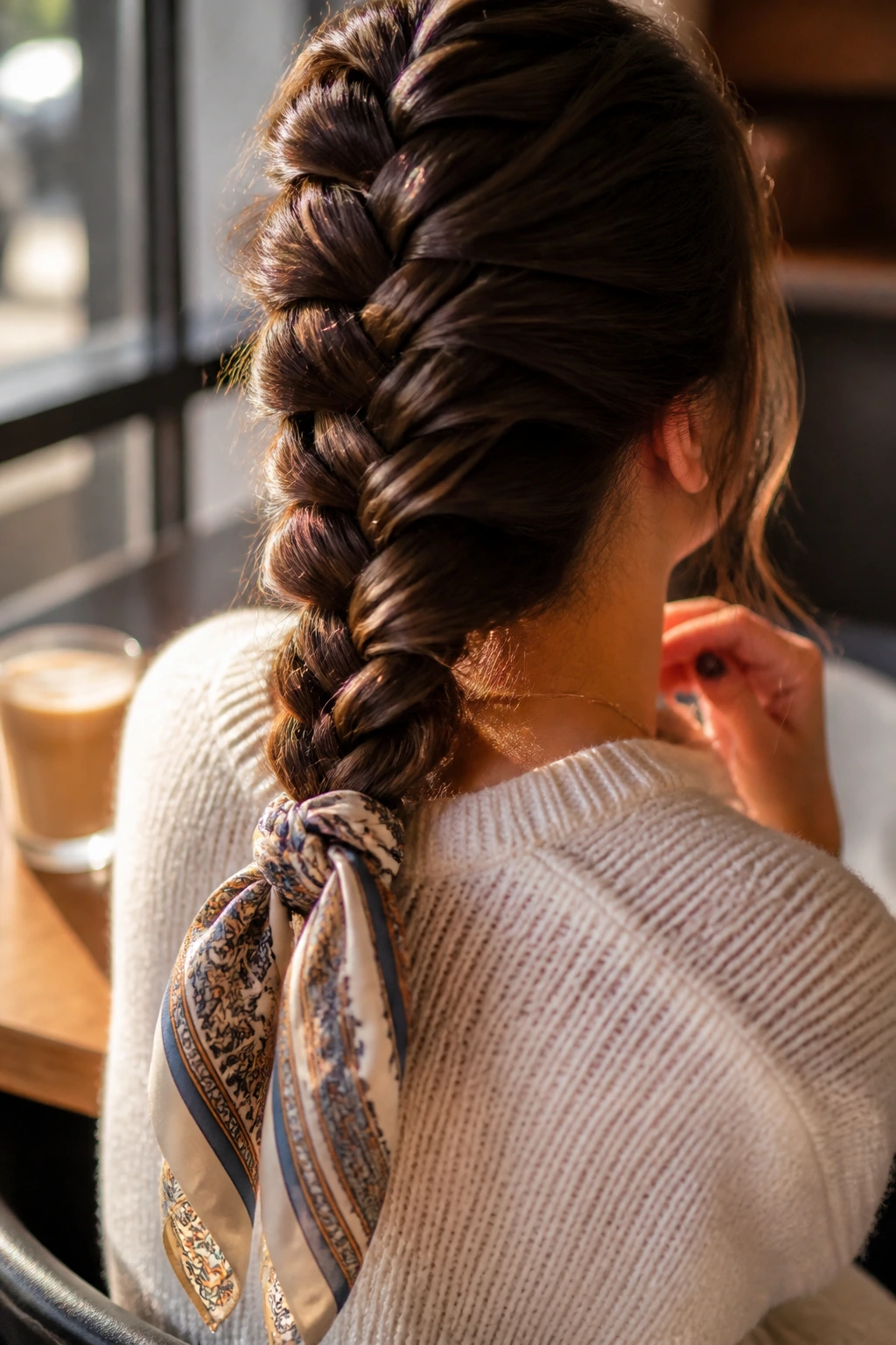 Close-up of scarf-tied Dutch braid with slim scarf at base on a real person