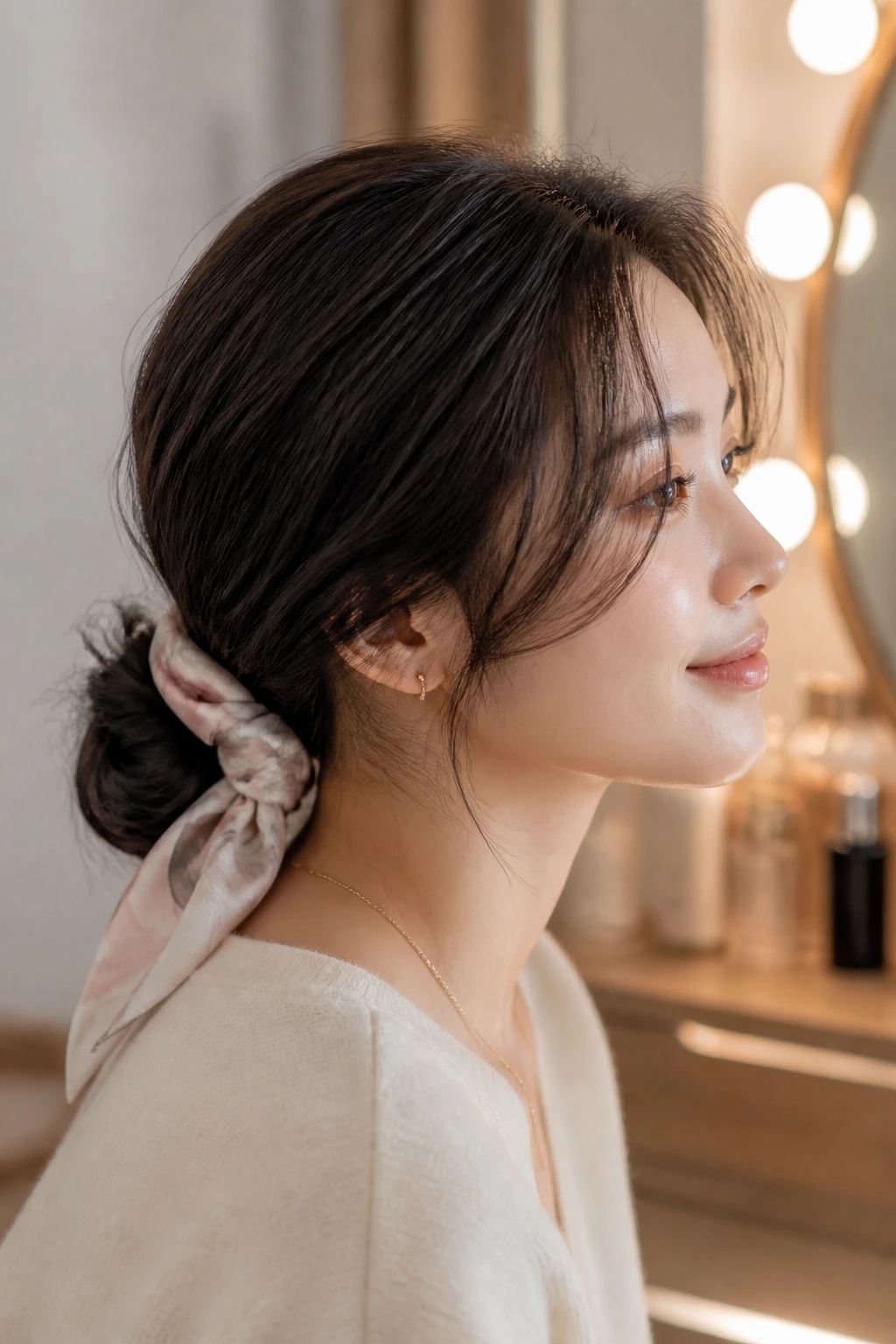 Scarf-tied low chignon on thin hair, close-up portrait of a real woman