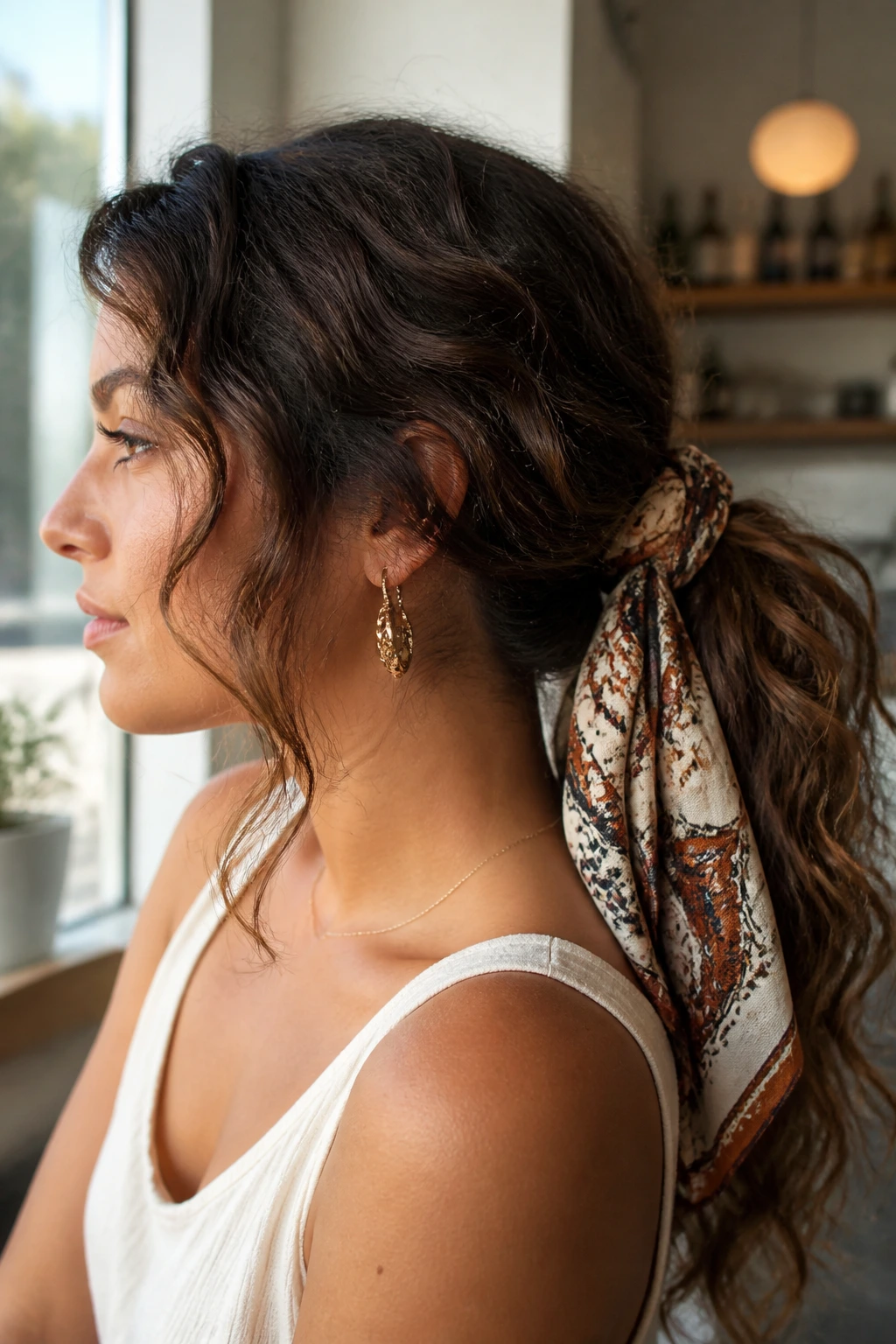 Portrait of a real woman with scarf-tied ponytail