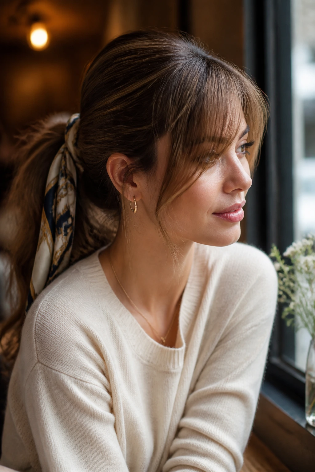 Close-up portrait of a real woman with scarf-tied ponytail and side-swept bangs.