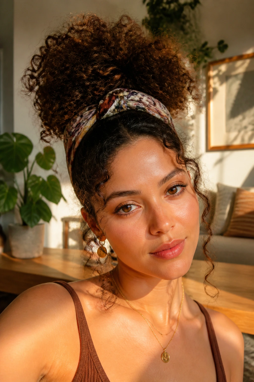 Close-up of a real woman wearing a scarf-tied puff hairstyle