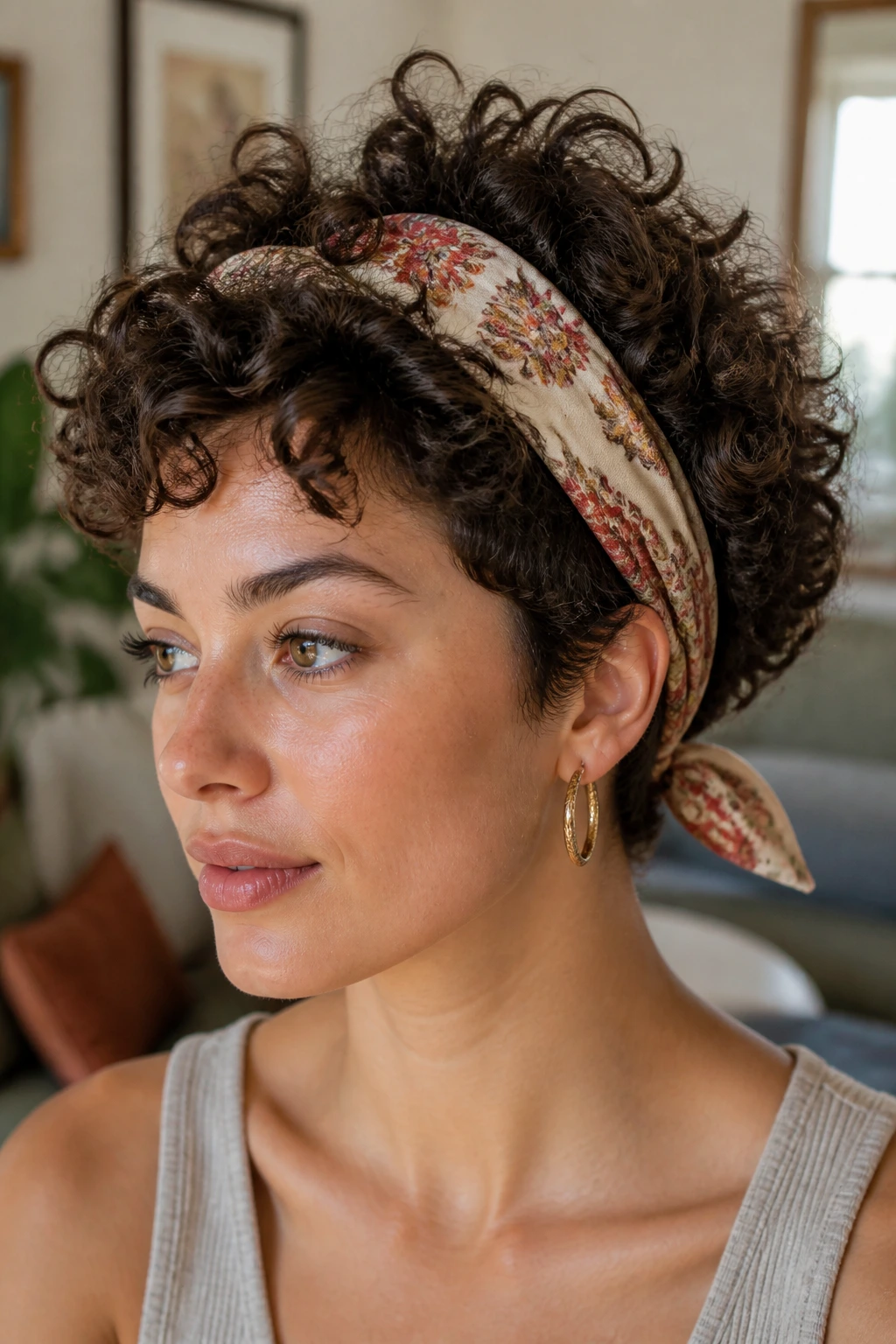 Close-up portrait of a real woman with short curly hair wearing a scarf-accent volume crop.