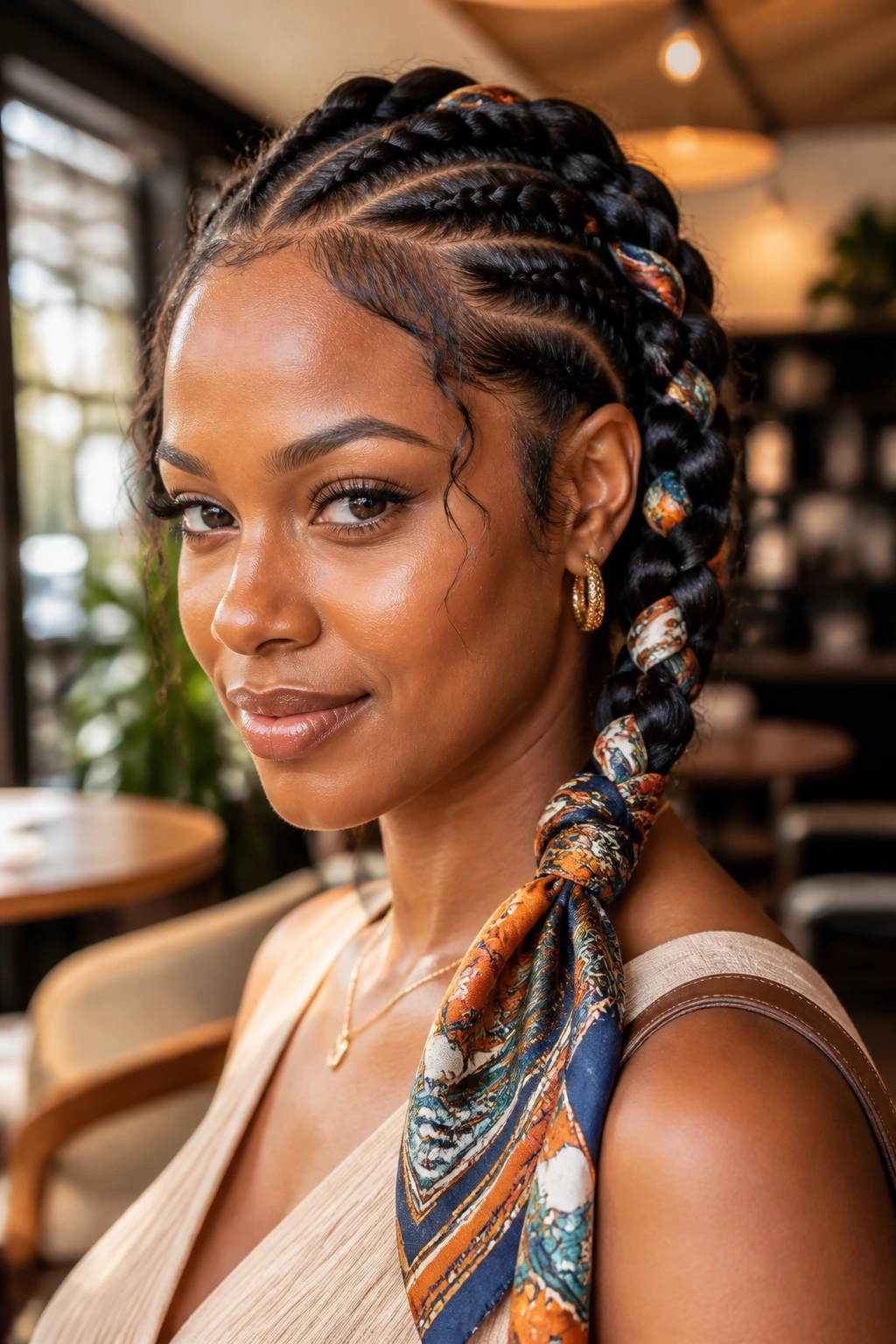 Real woman with scarf-woven braid and colorful scarf