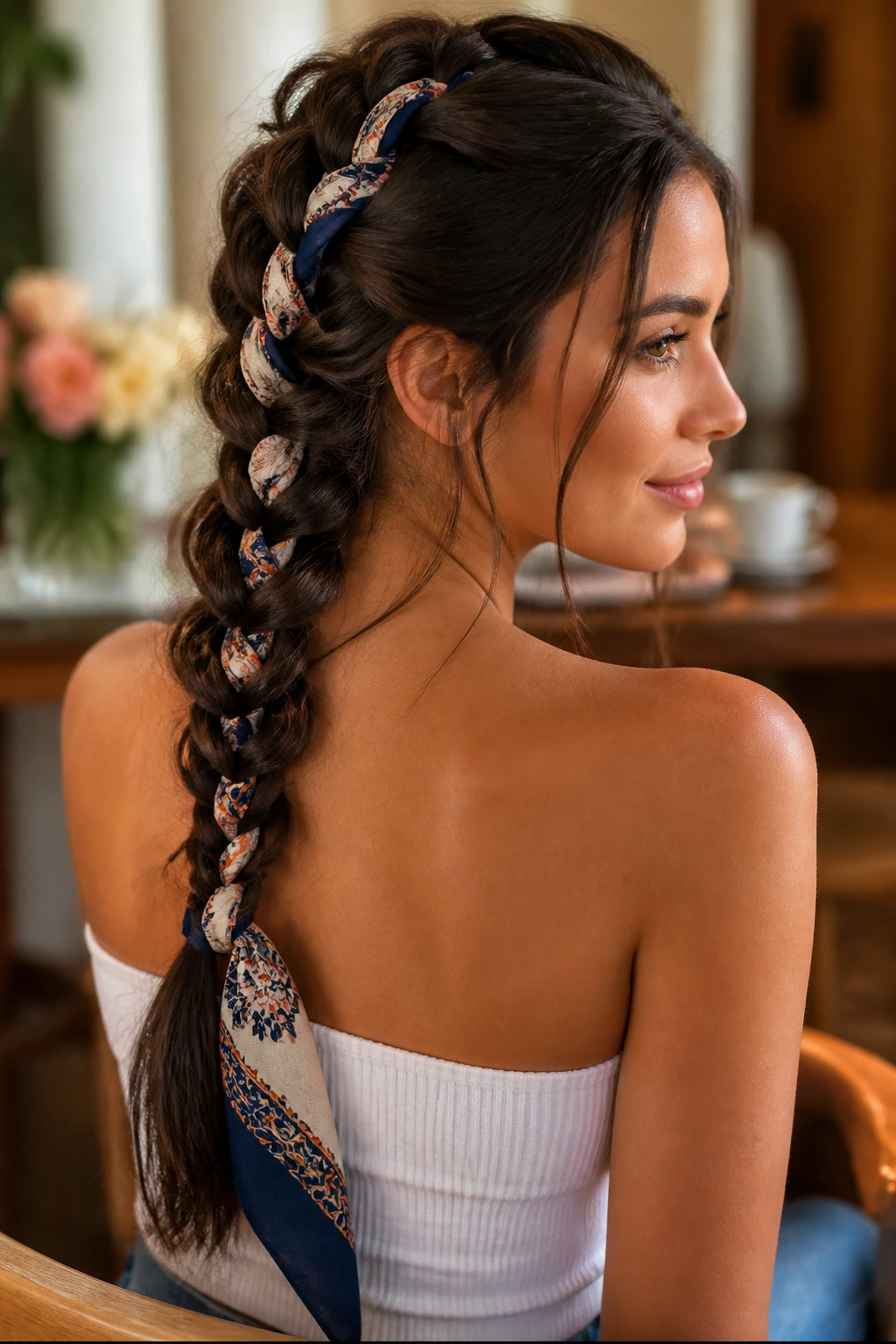 Close-up of a woman's head showing a narrow scarf woven into a French braid