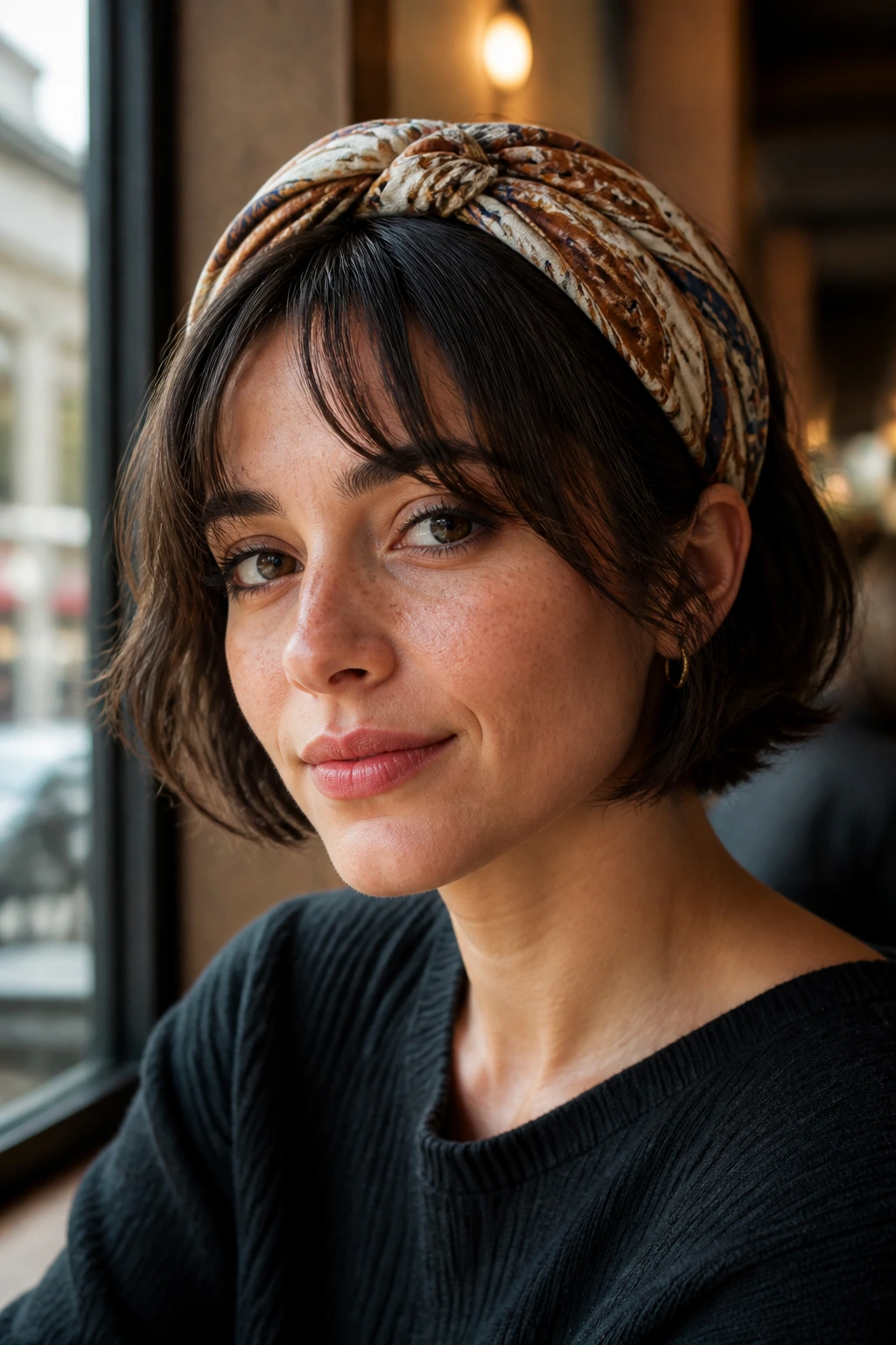 Portrait of a bob hairstyle with a scarf wrapped at the crown and curtain bangs