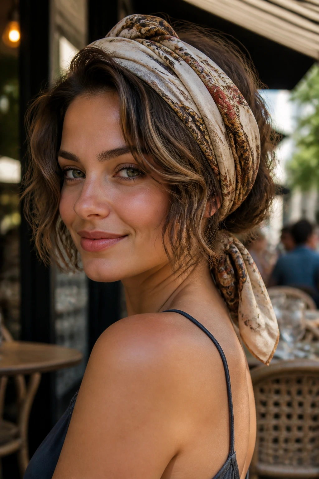 Close-up of a real woman with a scarf-wrapped bob and waves underneath