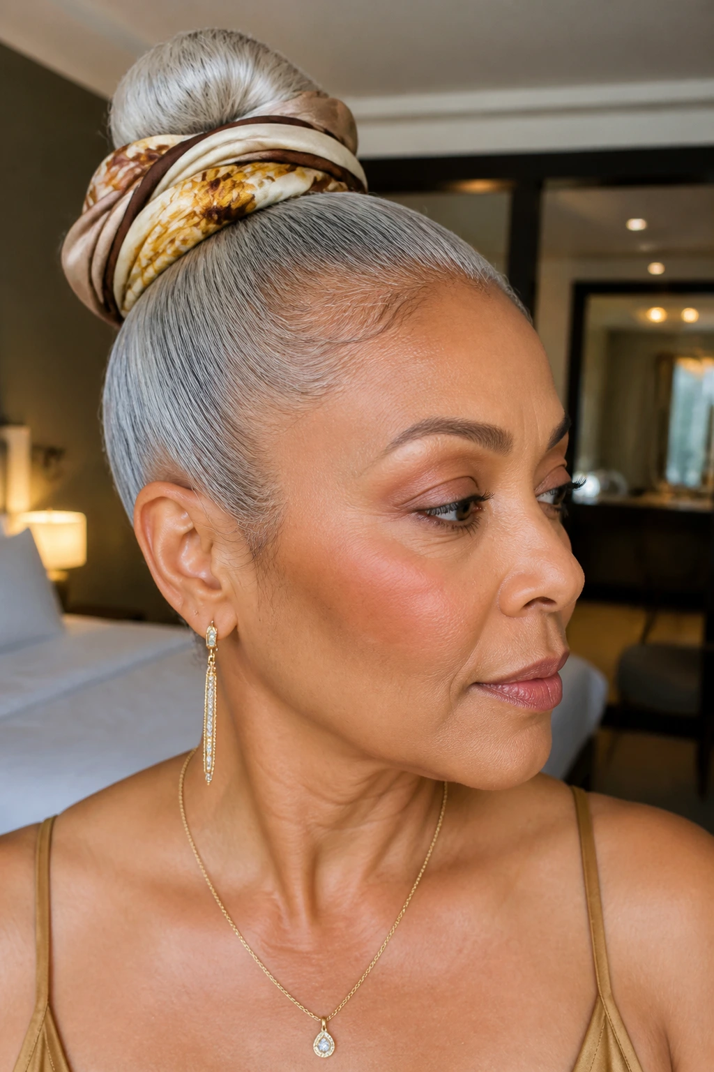 Close-up of a real woman with a scarf-wrapped bun and clean edges.
