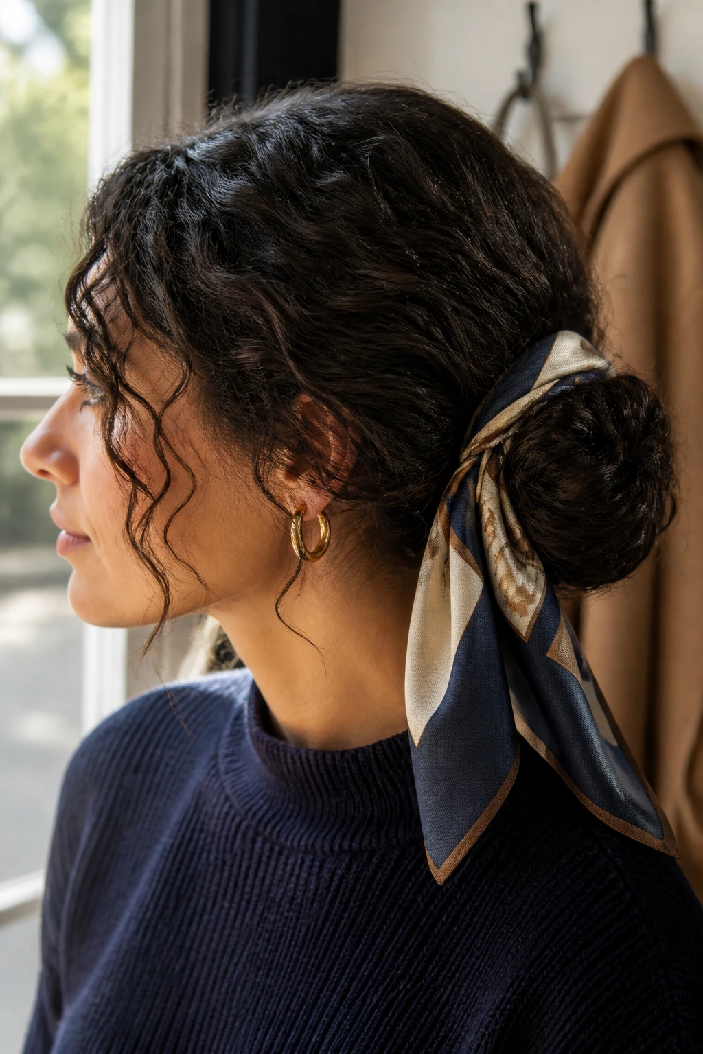 Close-up of a real woman with a scarf-wrapped bun.