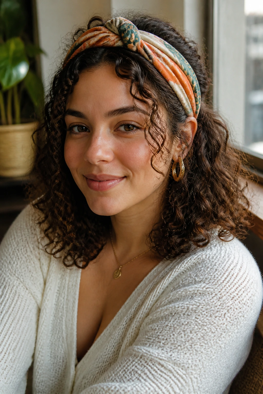 Portrait of a real person with scarf-wrapped medium curls and scarf as a headband