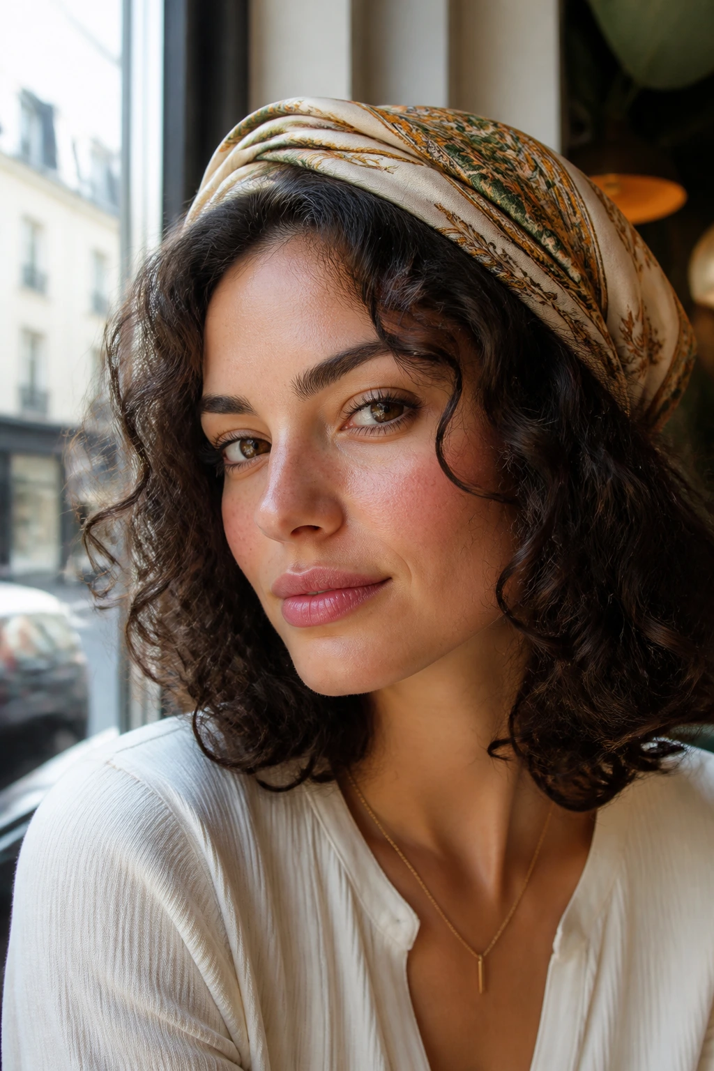 Portrait of a real woman with scarf-wrapped curly lob hairstyle