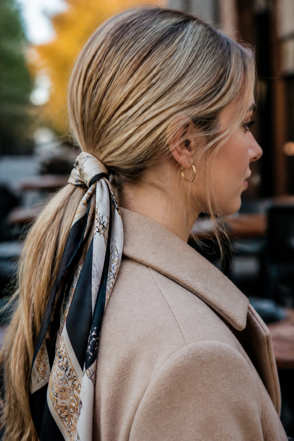 Close-up of a real woman with a scarf-wrapped low ponytail.