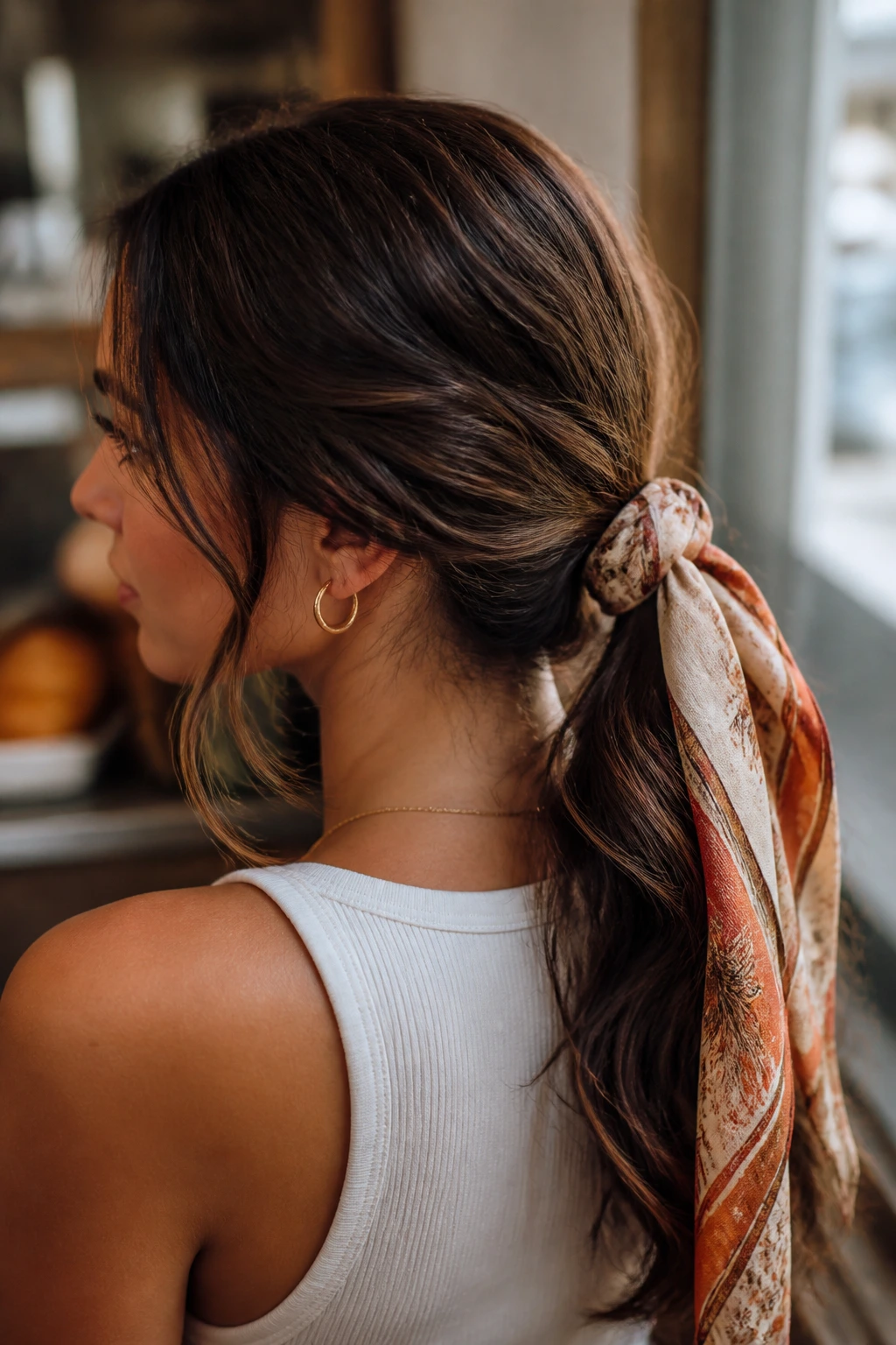 Brunette with scarf-wrapped low ponytail