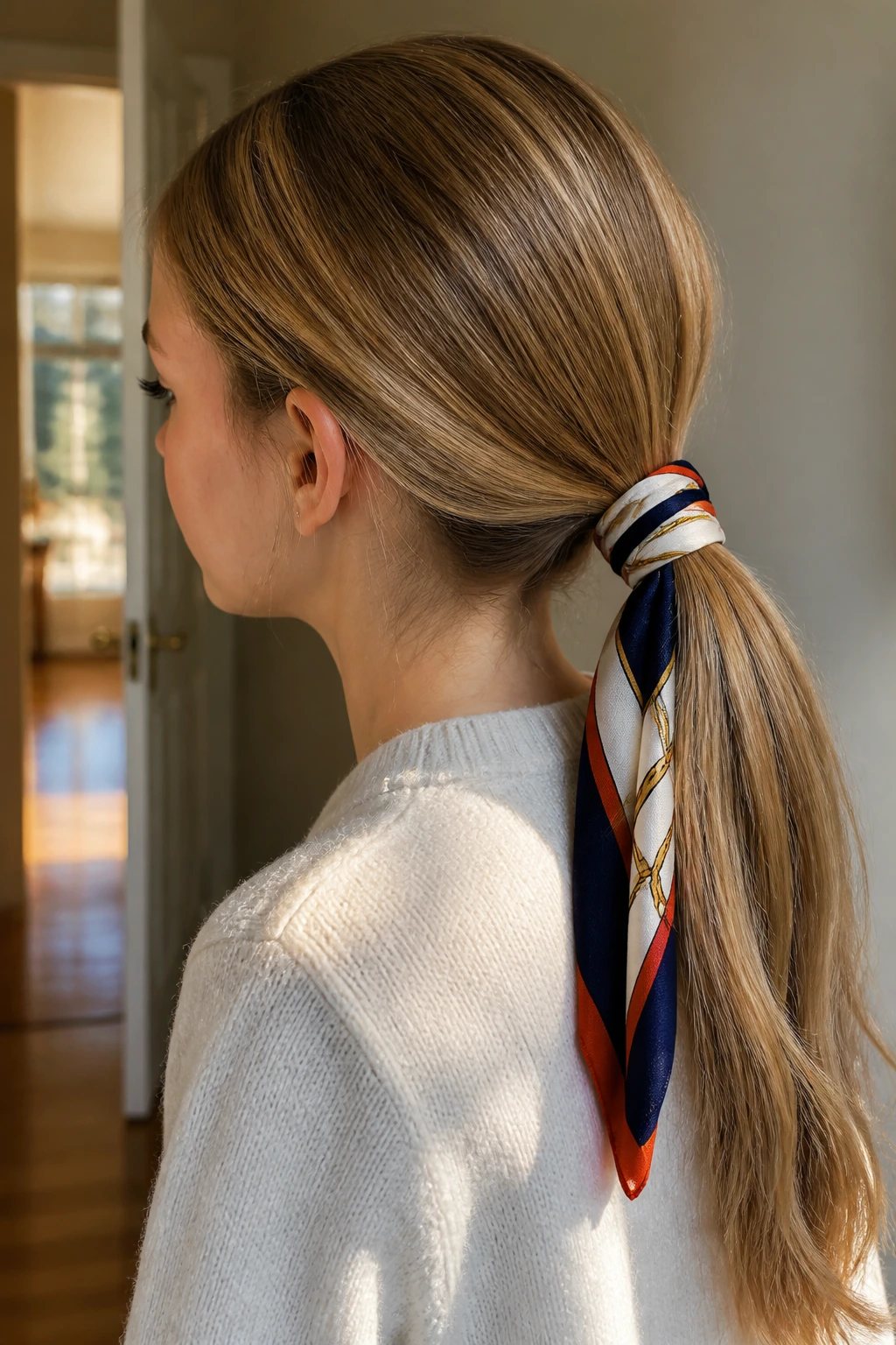 Close-up of real person wearing a scarf-wrapped ponytail.