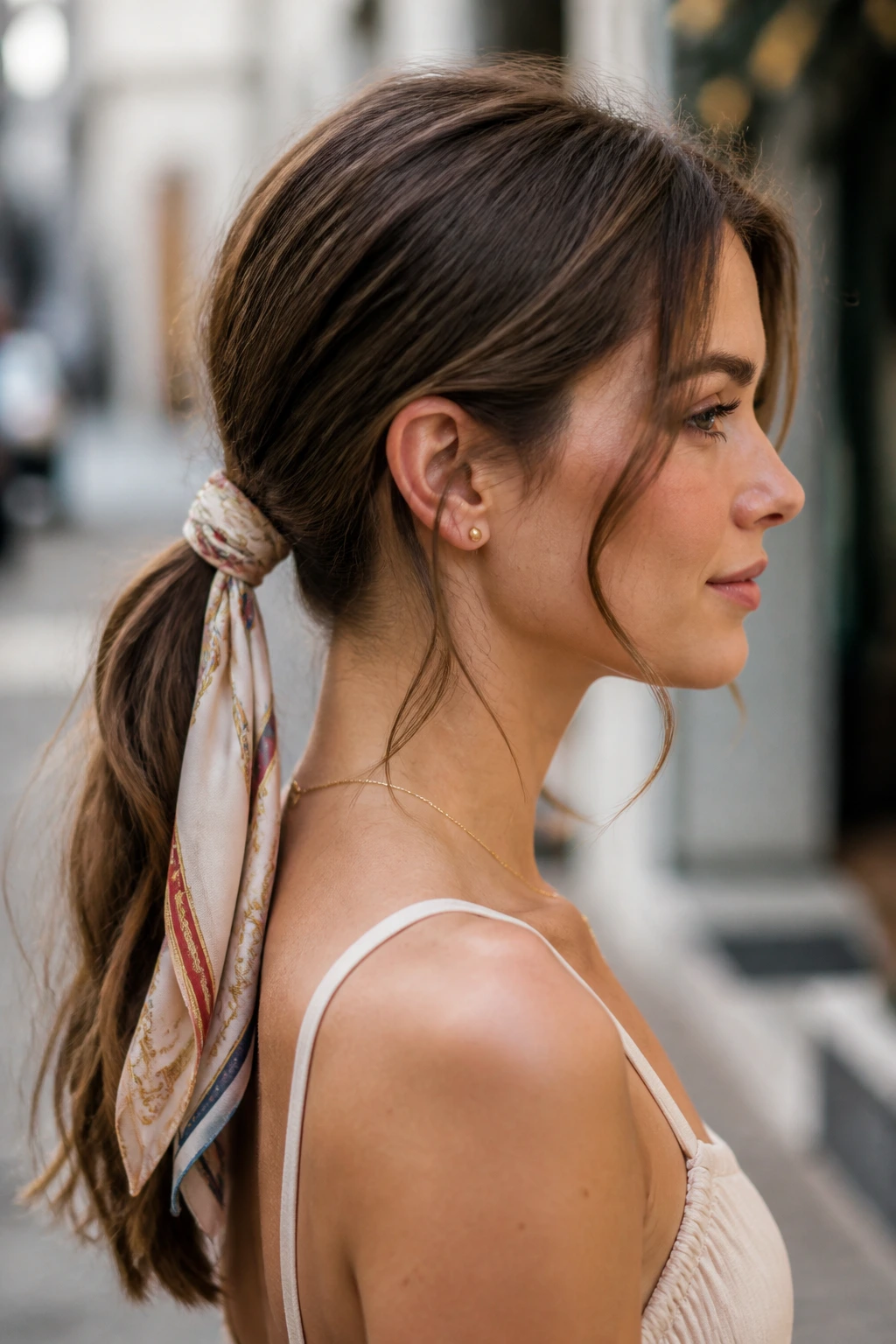 Girl with scarf-wrapped ponytail in natural daylight outdoors