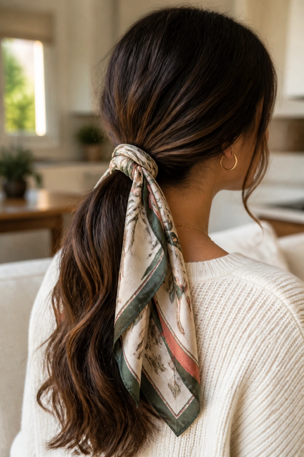 Close-up of a real woman with a scarf-wrapped low ponytail