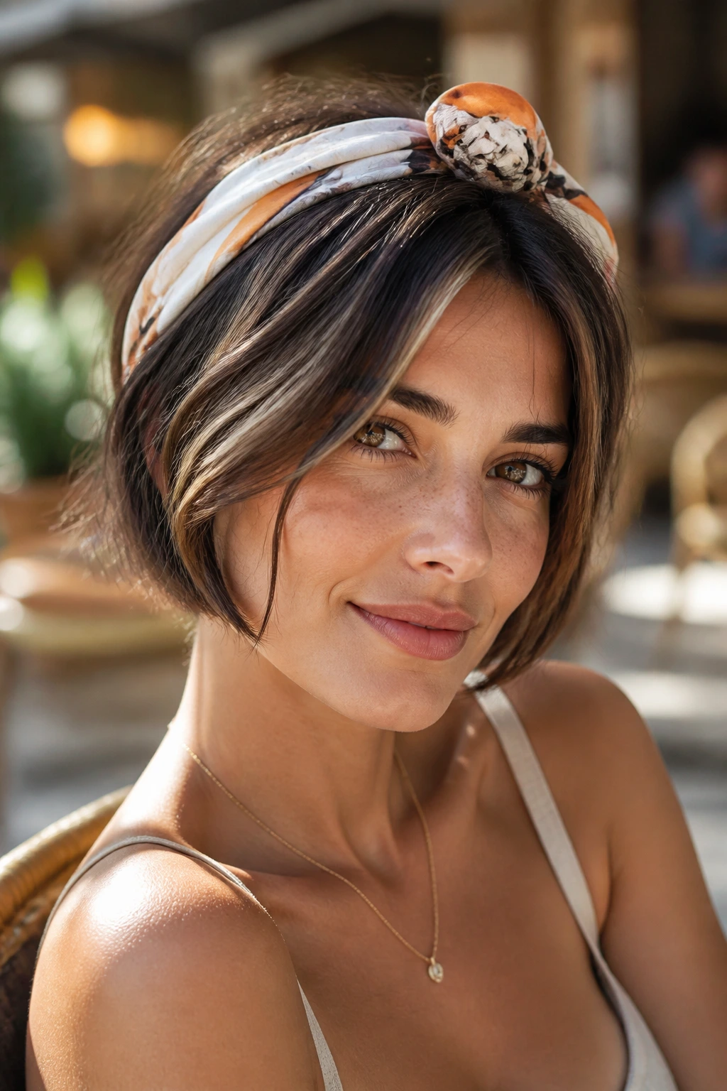 Close-up of real woman with scarf-wrapped short bob showing lowlights.