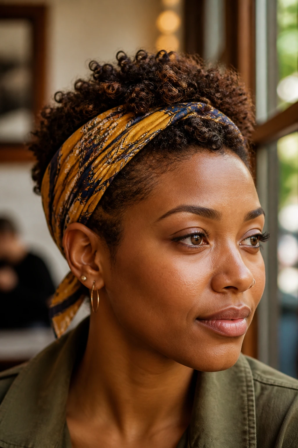 Close-up of a real person wearing a scarf-wrapped texture crop with curls peeking out