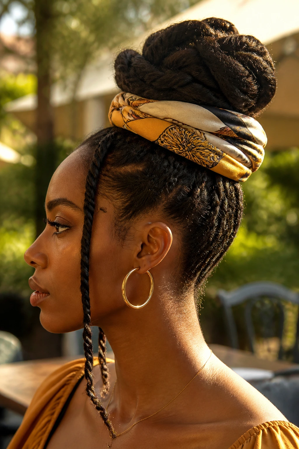 Close-up of a real woman with a scarf-wrapped twist bun outdoors
