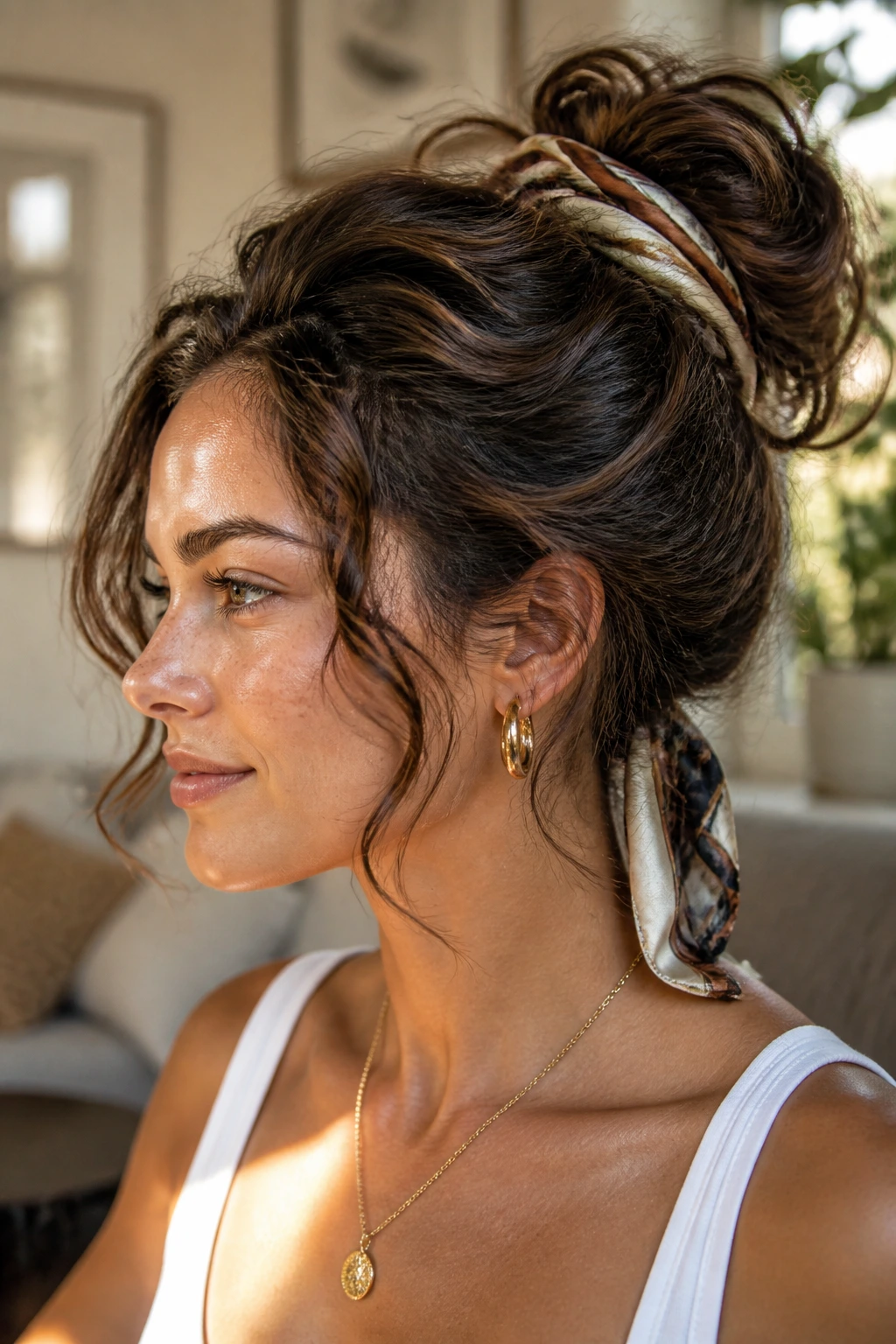Close-up of a woman with long wavy hair in a scarf-wrapped bun