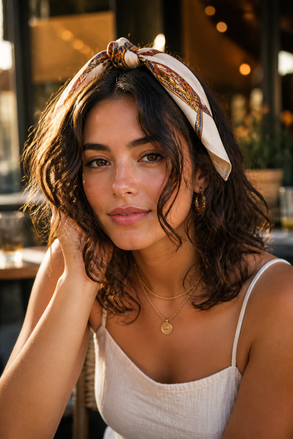 Real woman with scarf-wrapped weekend hairstyle in outdoor cafe light