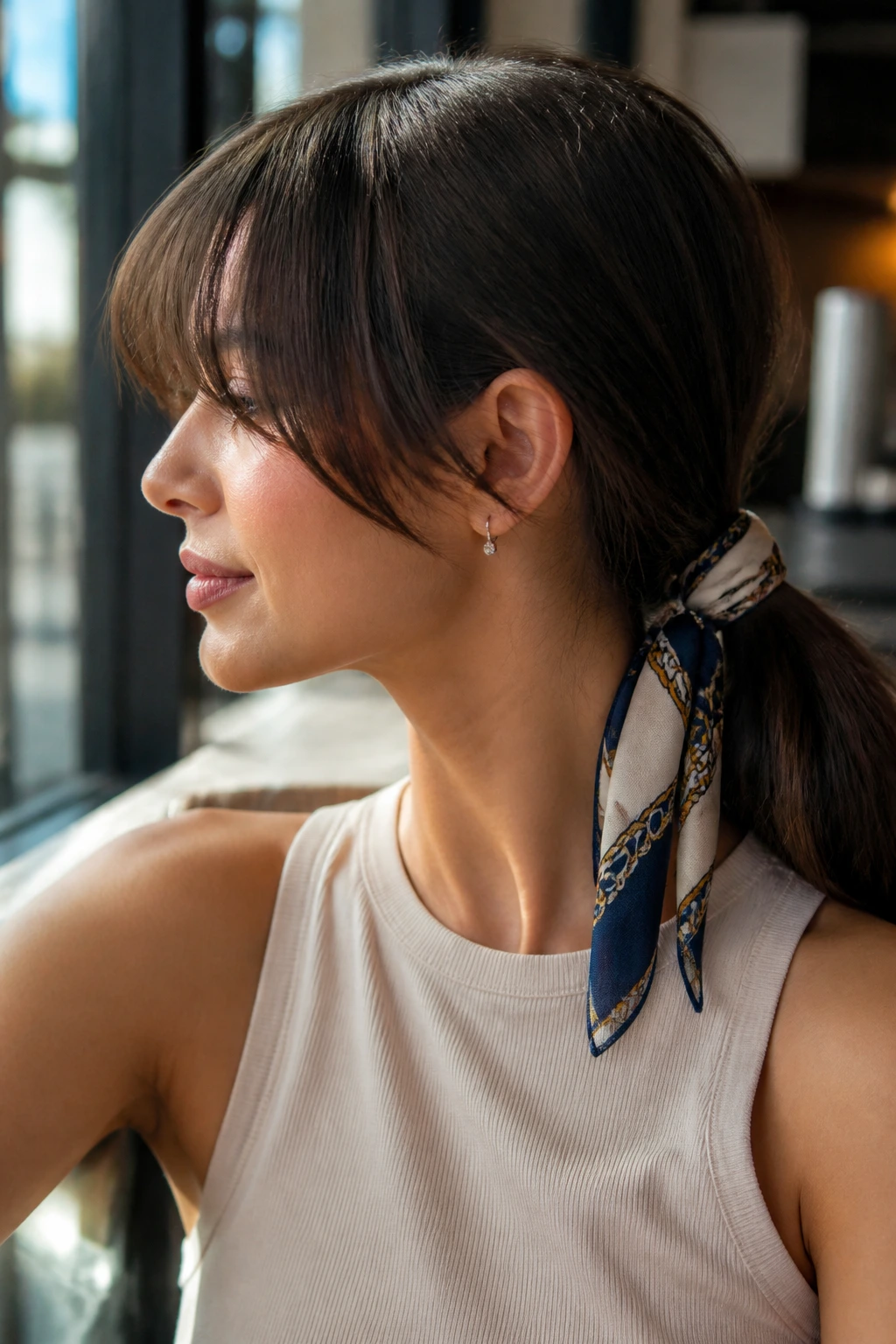 Close-up of a real woman with a scarf-wrapped low ponytail and side-swept bangs in a sunlit cafe