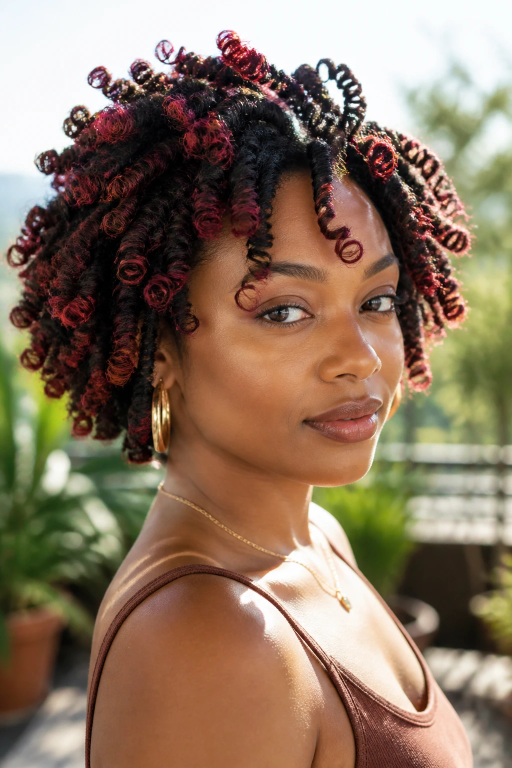 Close-up of a real person with scarlet accents in a Bantu knot-out on dark curls