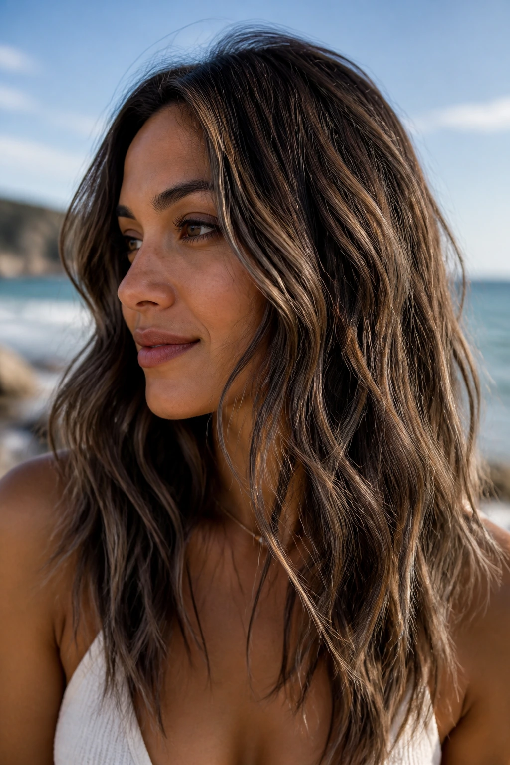 Close-up of scattered smoke stripes in beachy hair on medium skin