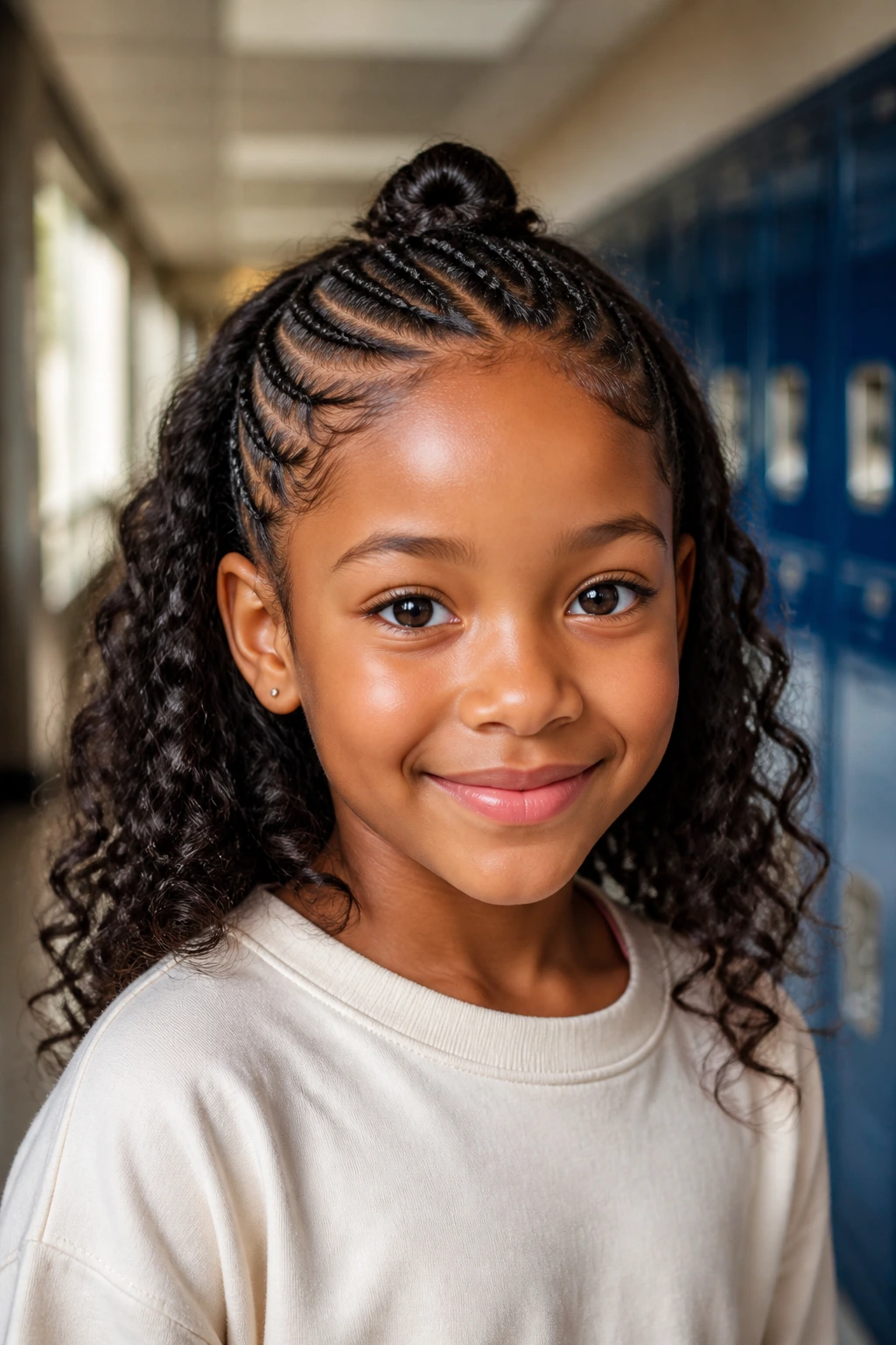 Close-up portrait of a real child with neat side braids suitable for school and events.