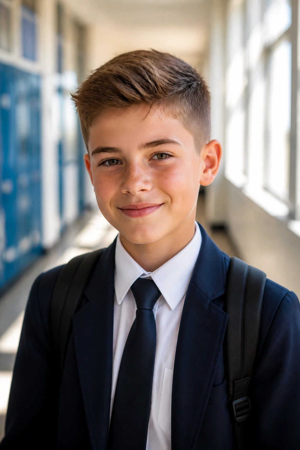 Boy in school uniform with tidy versatile haircut in school hallway