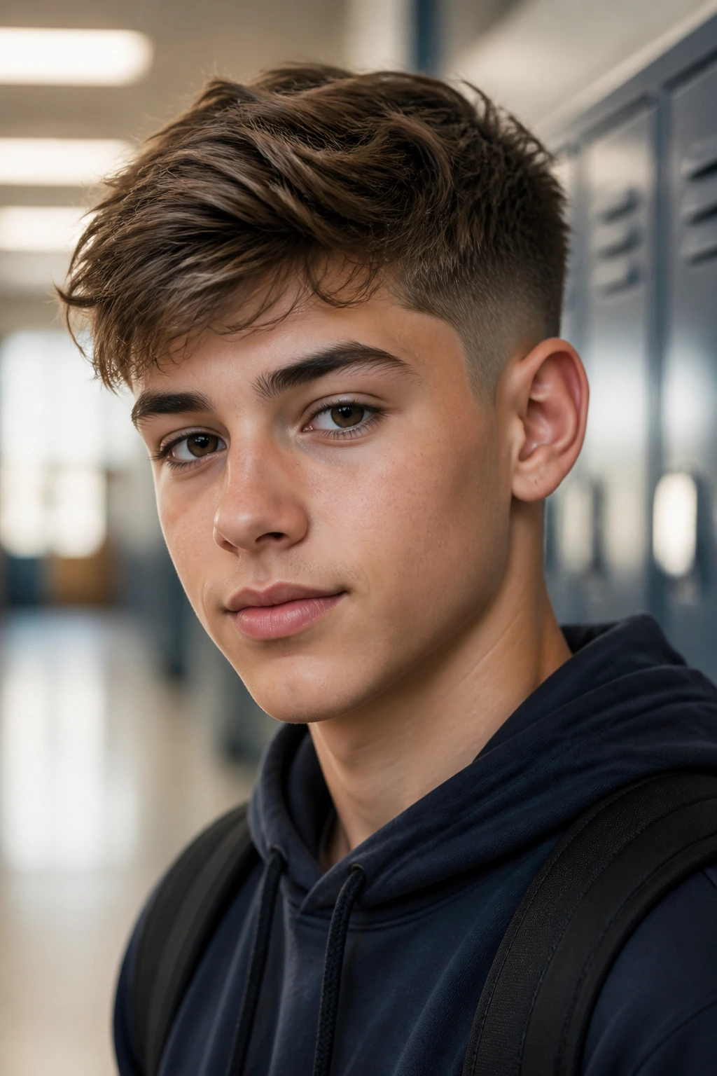 Teen boy in school hallway with versatile haircut.