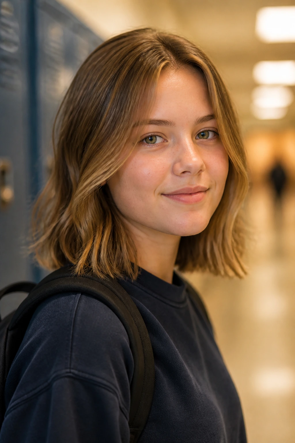 Close-up portrait of a student with a versatile lob hairstyle in a school hallway