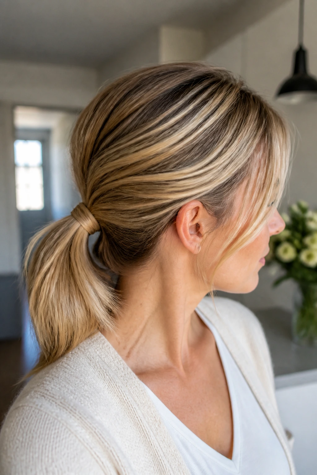Close-up portrait of a real woman wearing a crown-lift low ponytail for busy mornings