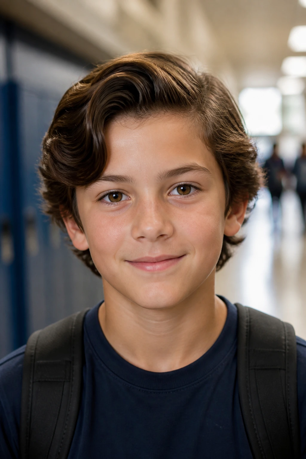 Portrait of a preteen boy with a neat side-parted hairstyle in a school hallway