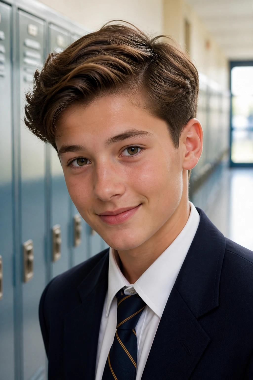 Portrait of a boy with a school-uniform sweep hairstyle in a school hallway