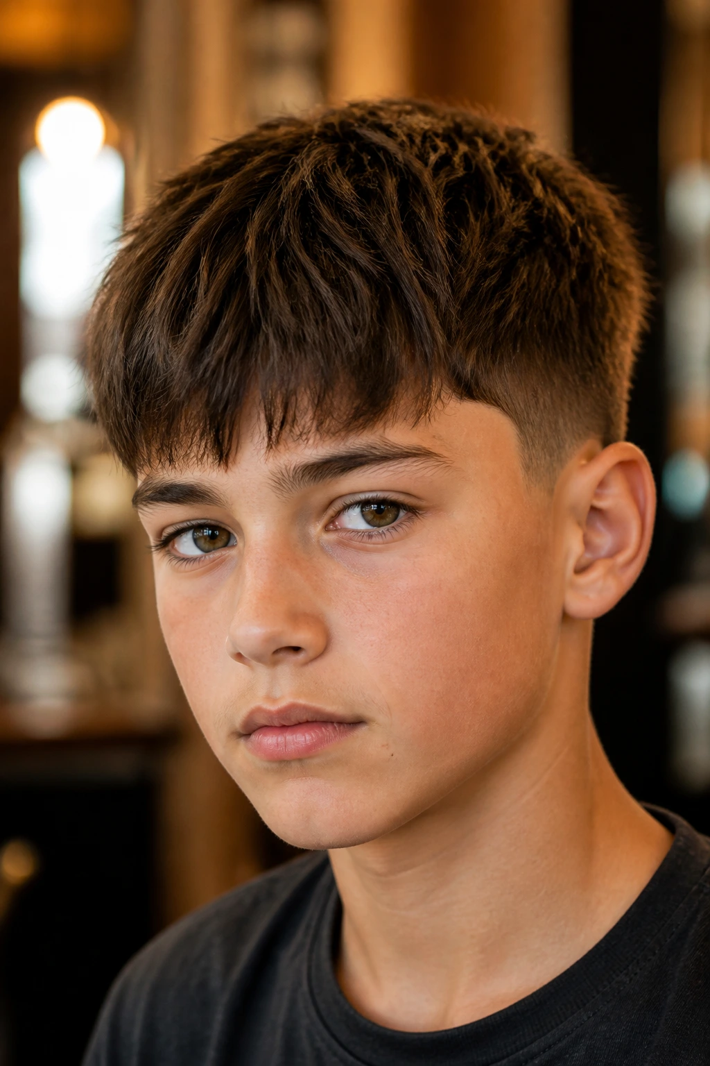 Close-up of a real boy with a scissor-cut taper and natural fringe in warm light