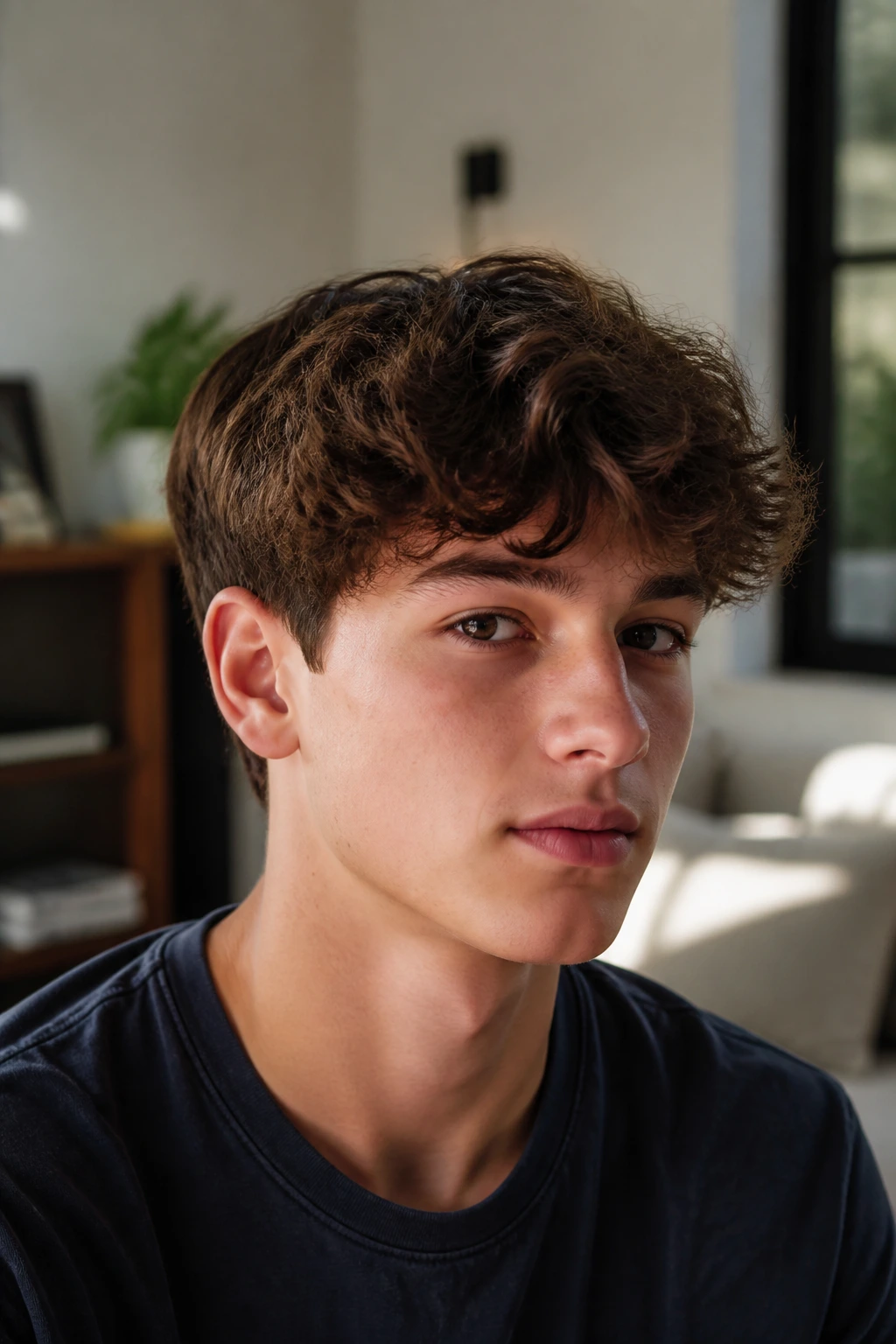 Close-up of real boy with classic scissor cut and tapered neck in soft daylight