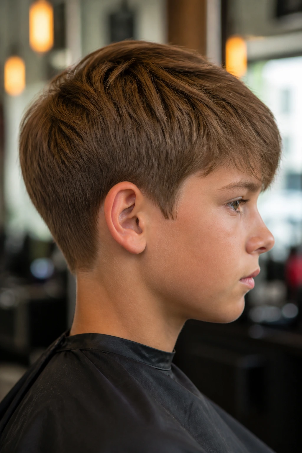 Real boy with a scissor-cut hairstyle and tapered nape in a barbershop.